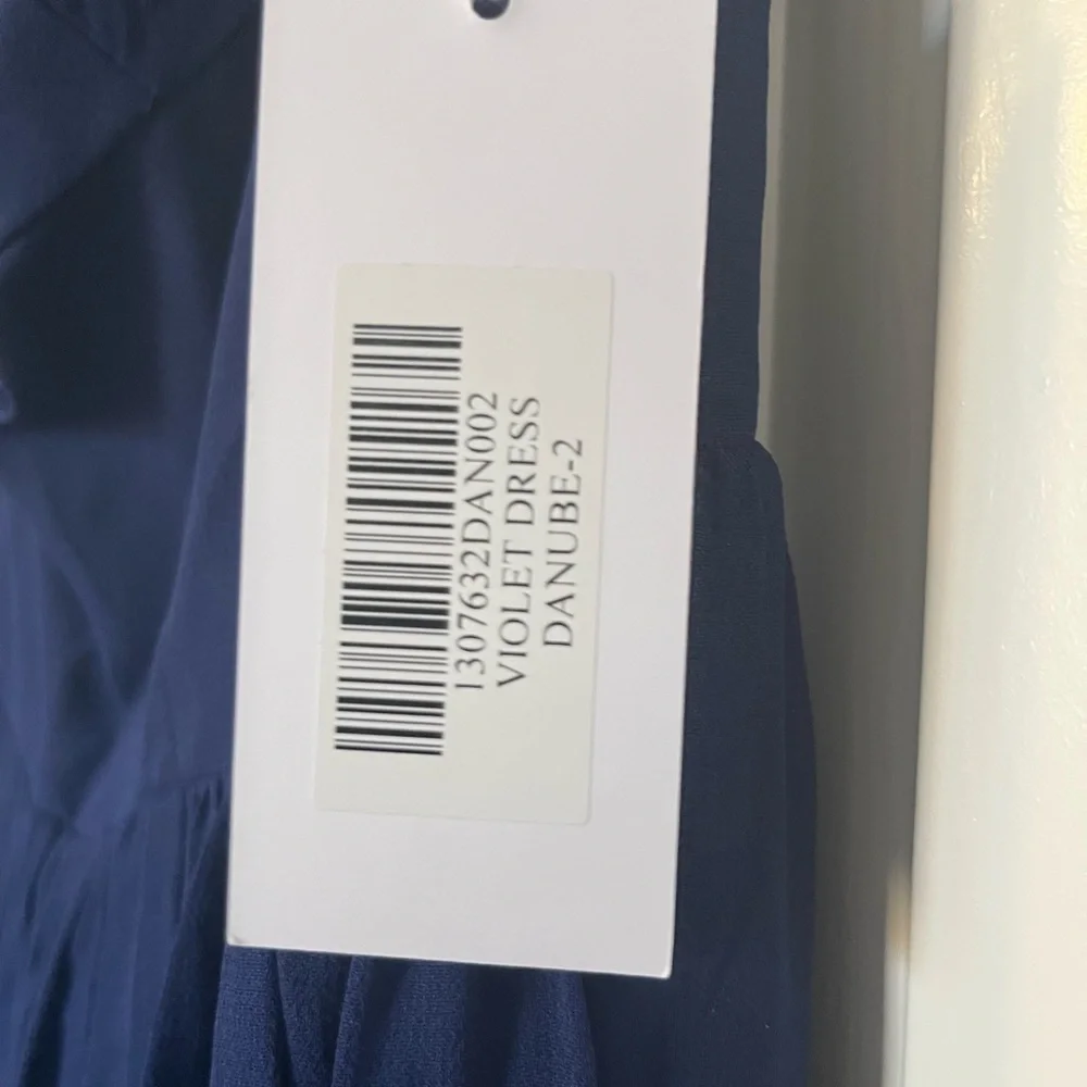 Reformation off-the-shoulder Violet Dress in navy blue. - Picture 3 of 4